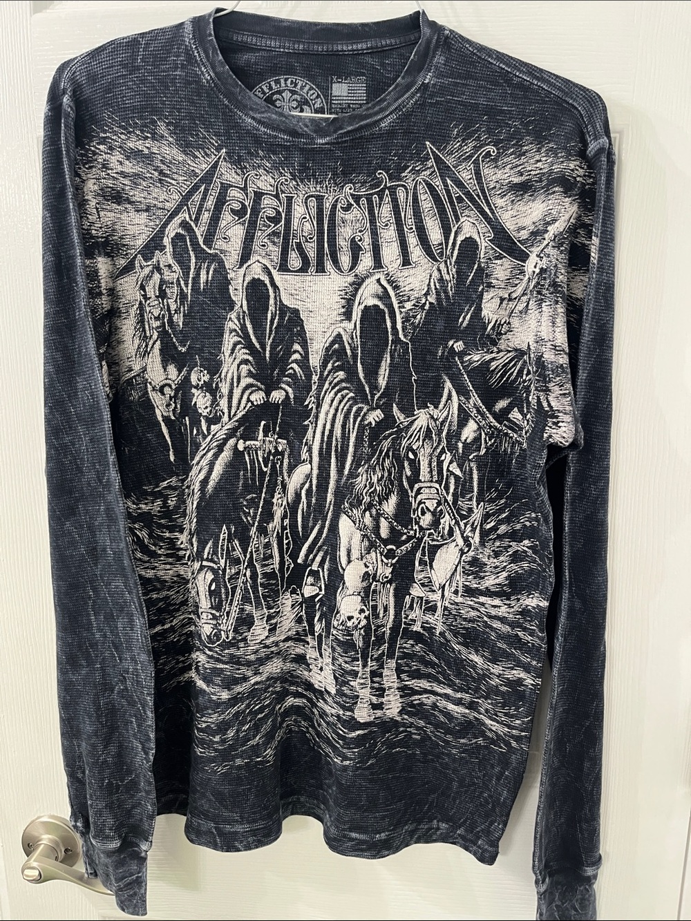 Affliction Black & White Graphic Long Sleeve Thermal Tee - Riders Motif